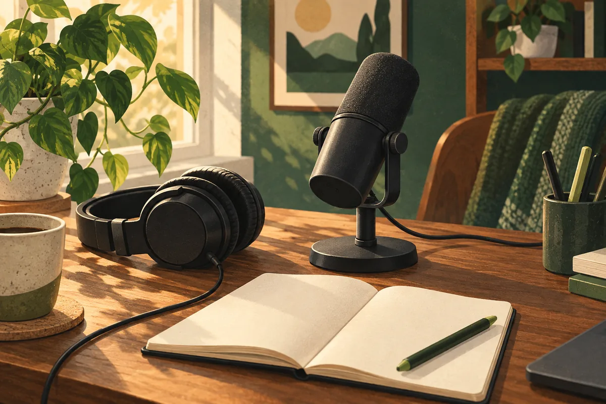 Illustration of a microphone and headphones on a sunlit desk